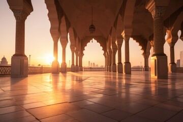 Sunlight enters the terrace of the ancient mosque through the pillars - obrazy, fototapety, plakaty