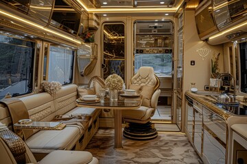 Obraz na płótnie Canvas Luxurious interior inside the motorhome. The concept of a comfortable journey