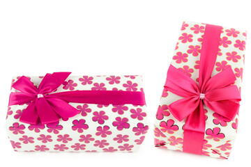 Gift white boxs with pink satin ribbon isolated on white background. Collage. Free space for text.