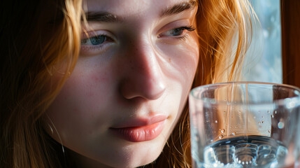 Girl enjoying a sip of clean water in a glass glass, portrait