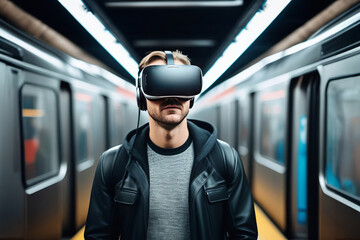 Man wearing virtual reality goggles. Subway station. VR glasses. 360 degrees. Virtual reality headset. VR game. Wearing virtual reality goggles. Smartphone with VR. Virtual reality video - obrazy, fototapety, plakaty
