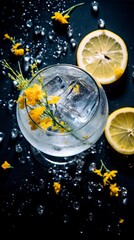 Alcoholic gin tonic  drink with ice and lemon on a Table with Beautiful Lighting