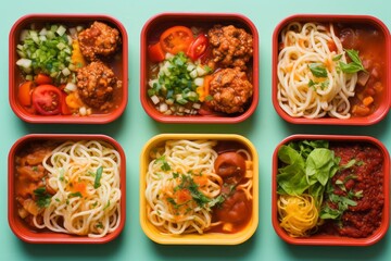 Top view of a juicy spaghetti bolognese in a bento box against a colorful tile background. AI Generation