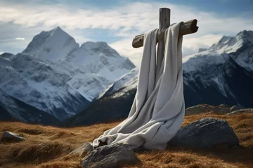 Papier Peint photo Gris White scarf on wooden cross in mountain landscape