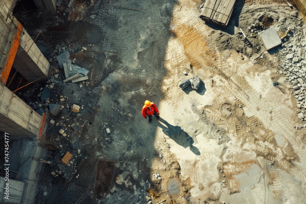 Poster a person wearing a red jacket standing on a construction site. suitable for illustrating constructio