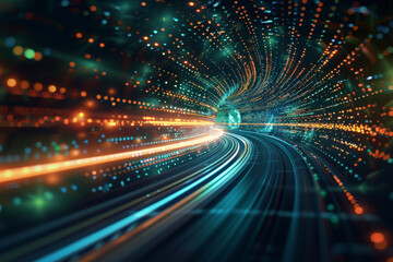 Fototapeta na wymiar Abstract futuristic background, blending high-speed light trails tunnel with a technological essence, in cool tones of blue green an yellow
