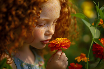 Beautiful curly girl with freckles smells a beautiful flower in the garden