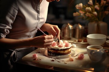 Obraz na płótnie Canvas A woman cutting a cake with a knife, perfect for celebrations