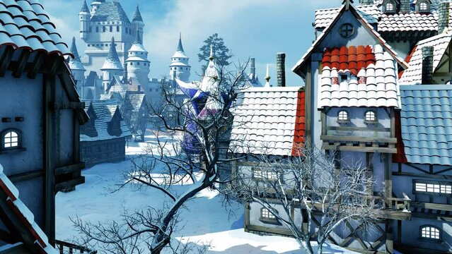 Streets Of The Old Historical City Of Europe. Animation on the theme of history and architecture, 3D animation and computer graphics, countries and fairy tales, fantasy and travel.