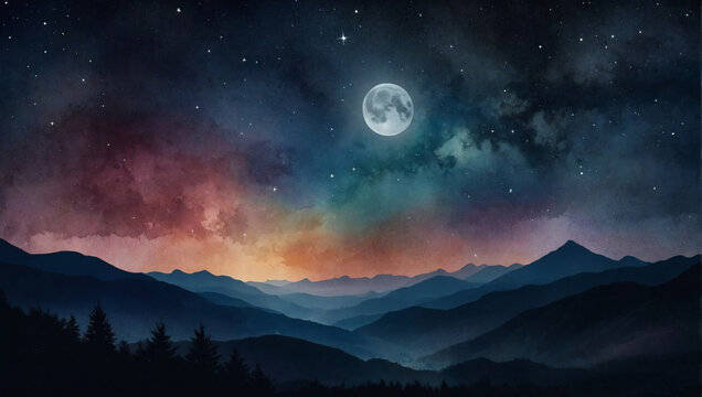 Watercolor night sky with a full moon, stars, and silhouetted mountains.