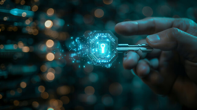 In the future, a lone figure holds a holographic key, the final piece to unlocking a new era in cyber evolution