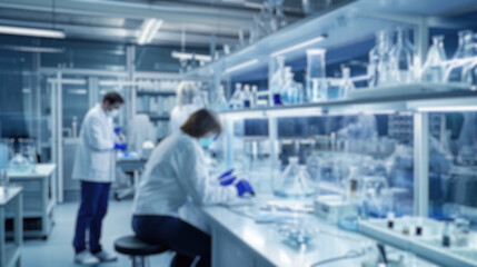 A blurred photograph capturing the bustling activity of scientists in lab coats conducting research...