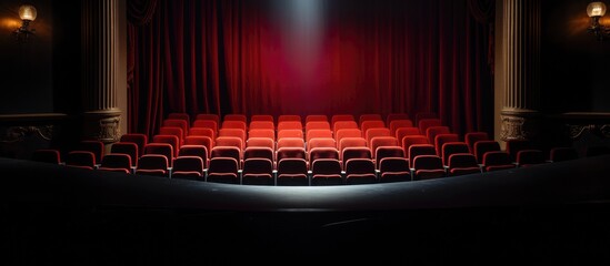 An empty theater with rows of red seats, a vibrant red curtain, and the soft glow of spotlights casting a warm ambiance.