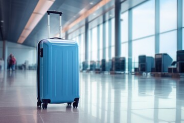 Blue suitcase in airport terminal. Travel concept. Travel and business concept. Travel and tourism...