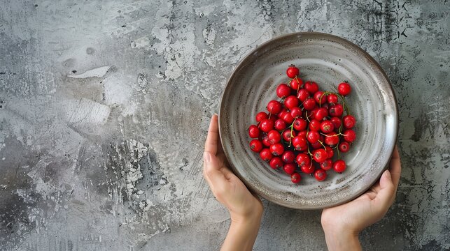In natural light on a concrete background, Anonymous is holding a ceramic dish with a spray of organic buffaloberries against a textured grey background.