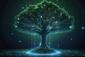 Tree with soil growing on the converging point of computer circuit board. 