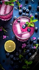 Blueberry Vodka Lemonade drinks on a Table with Beautiful Lighting