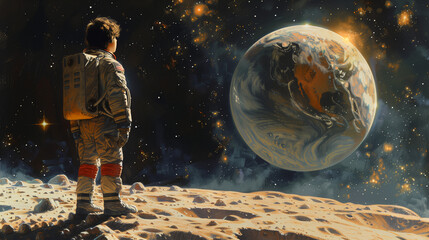 Junger Astronaut am Mond - obrazy, fototapety, plakaty