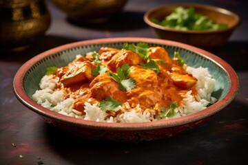 Highly detailed close-up photography of a refined  chicken tikka masala on a rustic plate against a colorful tile background. AI Generation