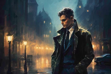 Fotobehang A stylish man in a sleek trench coat, holding an umbrella against the backdrop of a rainy cityscape, his demeanor confident and composed despite the inclement weather. © SHAN.