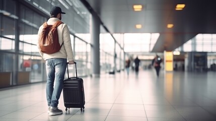 Young man with backpack and suitcase at the airport. Travel and business concept. Travel and tourism concept with copy space. Travel concept with copy space. 