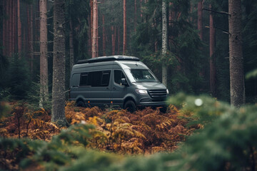 Camping in the forest of the motorhome . Holidays in a camper van