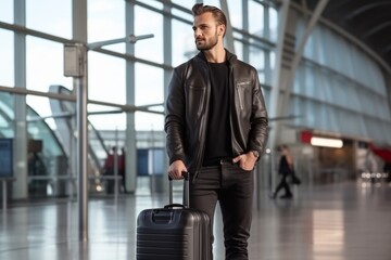 Handsome young man in leather jacket holding suitcase and looking away while standing in airport. Travel and business concept. Travel and tourism concept with copy space. Travel.