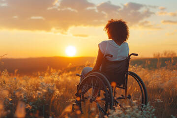 A young girl in a wheelchair admires a beautiful sunset in nature.