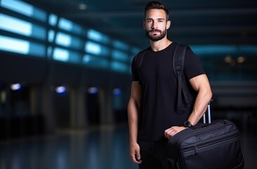 Portrait of a handsome young man with a suitcase at the airport. Travel and business concept. Travel and tourism concept with copy space. Travel concept with copy space. 