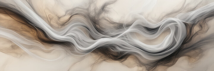 Abstract depiction of swirling smoke trails in shades of silver and platinum against a backdrop of muted, earthy tones.