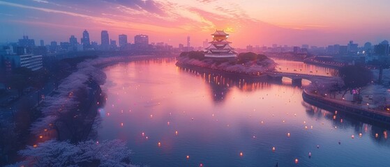 Tokyo parks host spring festivals, lantern festivals illuminate cherry blossoms, Osaka Castle amid pink florals, serene rivers in Japanese countryside. - obrazy, fototapety, plakaty
