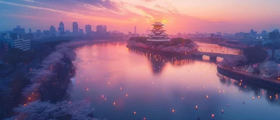 Foto op Aluminium Tokyo parks host spring festivals, lantern festivals illuminate cherry blossoms, Osaka Castle amid pink florals, serene rivers in Japanese countryside. © Fokasu Art