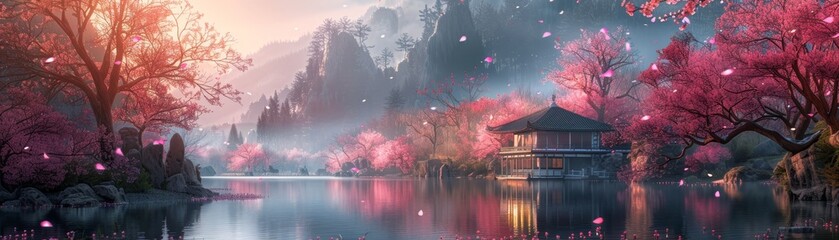 Tranquil rivers meander past Japanese gardens, blooming sakura, traditional architecture, tatami mats, tea ceremonies, and serene nature walks.