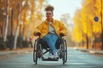A beautiful, charming young woman in a wheelchair independently takes a walk through a beautiful fall alley. - obrazy, fototapety, plakaty