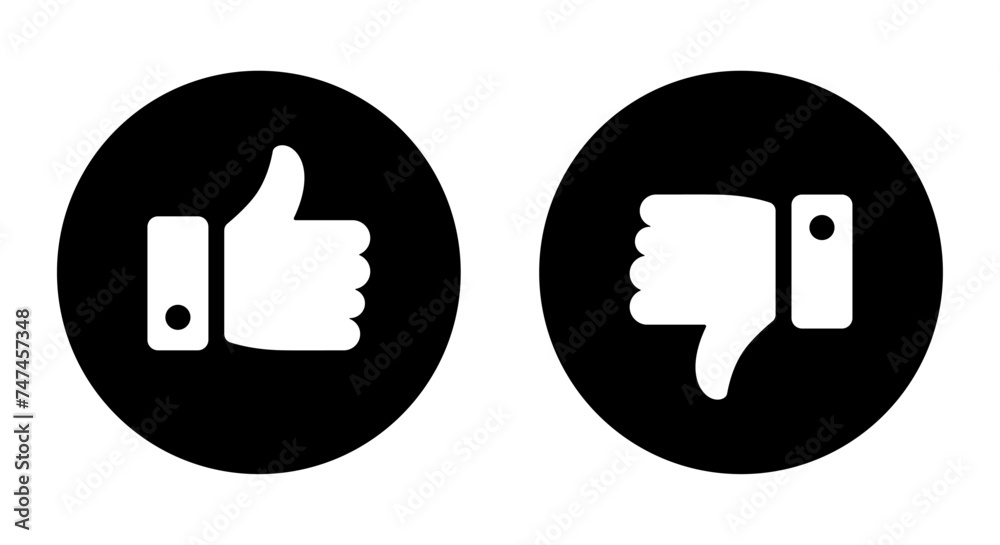 Aufkleber like and dislike thumb icon symbol set in circle in black and white color for social media. rating t