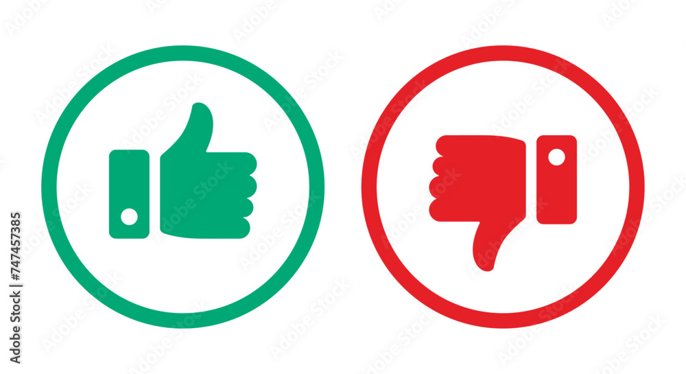 Fototapete Like and dislike thumb icon symbol set in outline circle in green and red color for social media on white background. Rating thumb icon set - Vector Icon