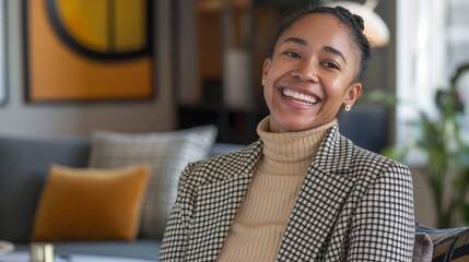 Retrato de uma jovem empresária afro-americana sorrindo no escritório - Wallpaper - obrazy, fototapety, plakaty