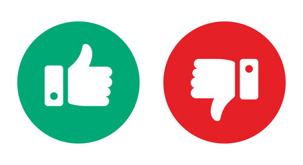 Like and dislike thumb icon symbol set in circle in green and red color for social media on white background. Rating thumb icon set - Vector Icon - obrazy, fototapety, plakaty