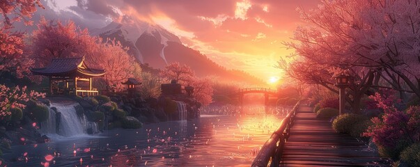 Sunset views over Japanese countryside, ancient shrines amid floral landscapes, moss gardens post spring rain, tranquil waterfalls and wooden bridges in blooming gardens.