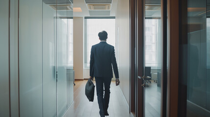 Vista traseira de um empresário com uma maleta andando em um corredor de escritório - obrazy, fototapety, plakaty