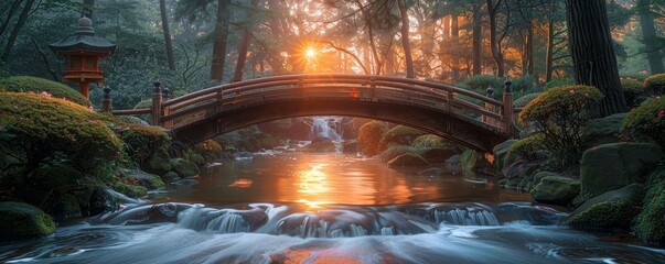 Sunset illuminates Japanese countryside, shrines amidst flowers, moss gardens post rain, serene waterfalls, wooden bridges in gardens.