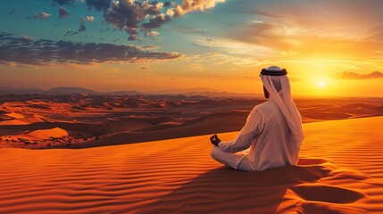 Arabian man in the dusk, pondering in the desert - obrazy, fototapety, plakaty