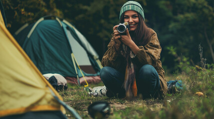 Fotógrafa jovem com câmera sentada em frente à sua barraca na floresta