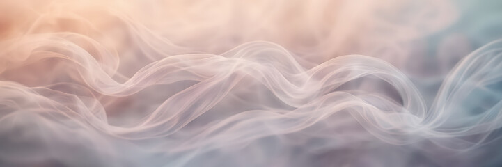 Close-up image of delicate wisps of smoke gently curling and unfurling against a background of soft pastel hues. - obrazy, fototapety, plakaty