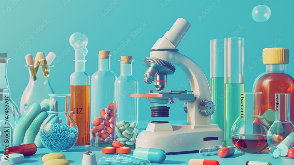 Poster a microscope and pills arranged on a table. suitable for medical or scientific concepts