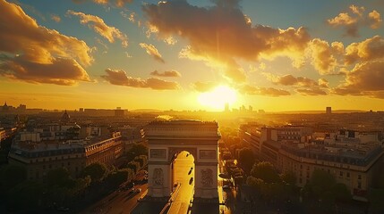 An overhead view of France's Arc de Triomphe in Paris during a picturesque sunset