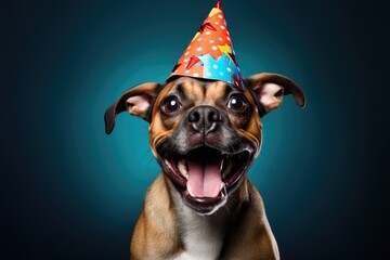 A dog wearing a party hat with its mouth open. Perfect for celebrations and pet themed designs