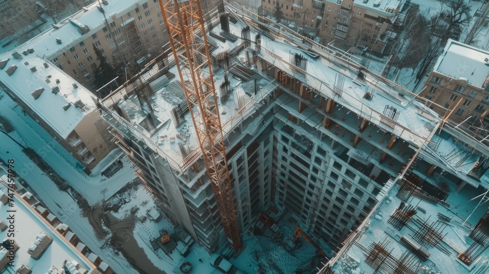 Poster a crane towering over a busy construction site. perfect for illustrating urban development projects