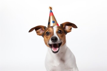 A dog wearing a party hat with its mouth open. Perfect for celebrating special occasions
