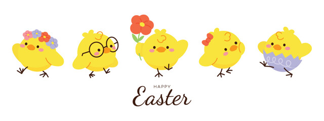 Happy Easter doodle hand drawn background vector. Cute Chick wallpaper of with yellow chicks in different pose, flower, easter element. Chicken illustration for clipart, sticker, card.